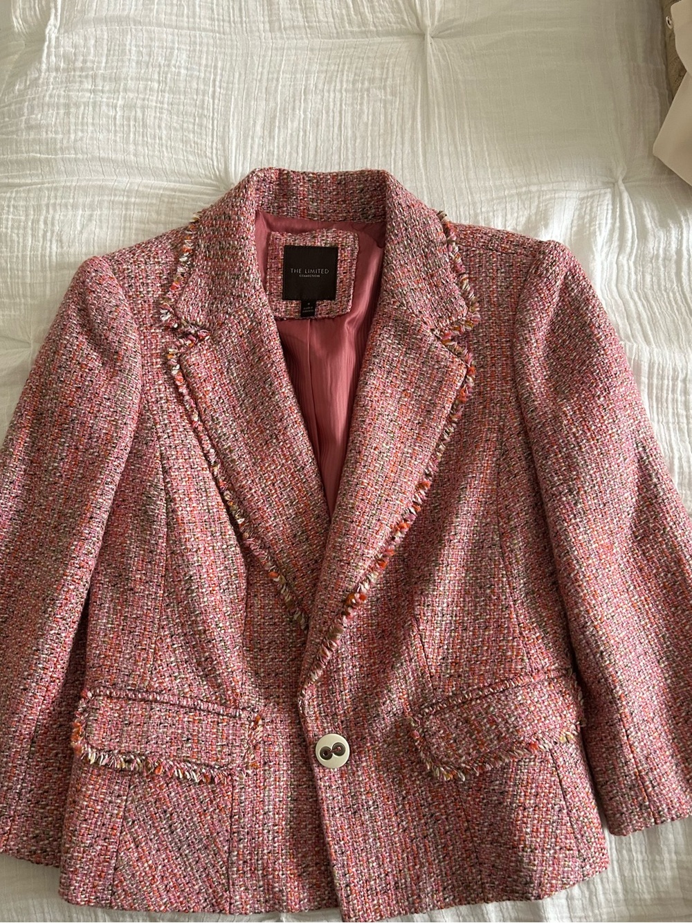 The Limited Pink Multicolor Tweed Blazer with Fringe Trim